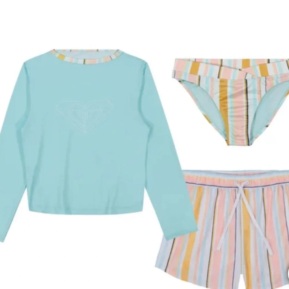 Roxy Youth 3-piece Swim Set rash guard, light blue, Size XL 18-20 NWT